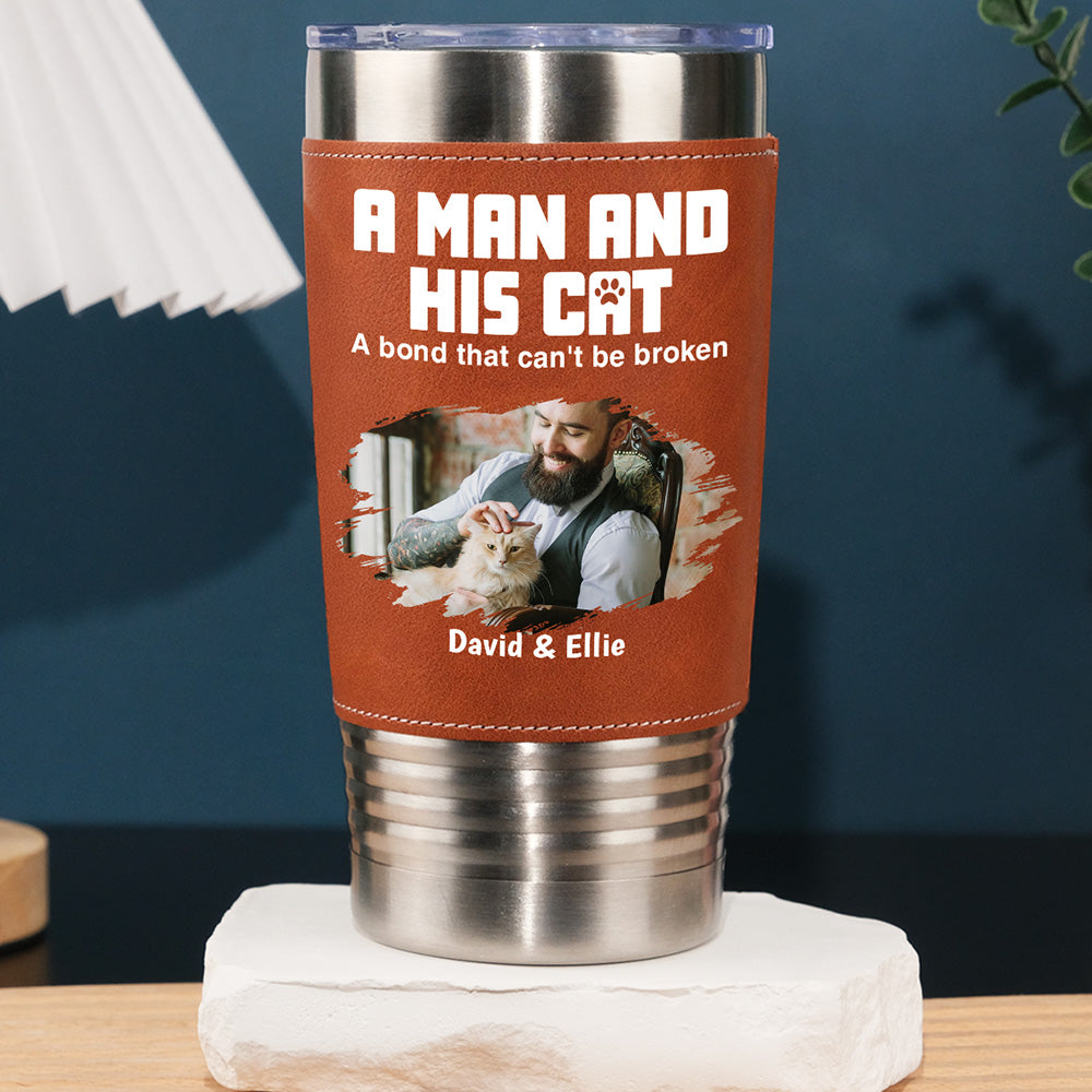 Custom Photo Father's day Birthday Gifts For Cat Dad, Cat Lovers • A Man And His Cats Photo - Personalized Leather Tumbler