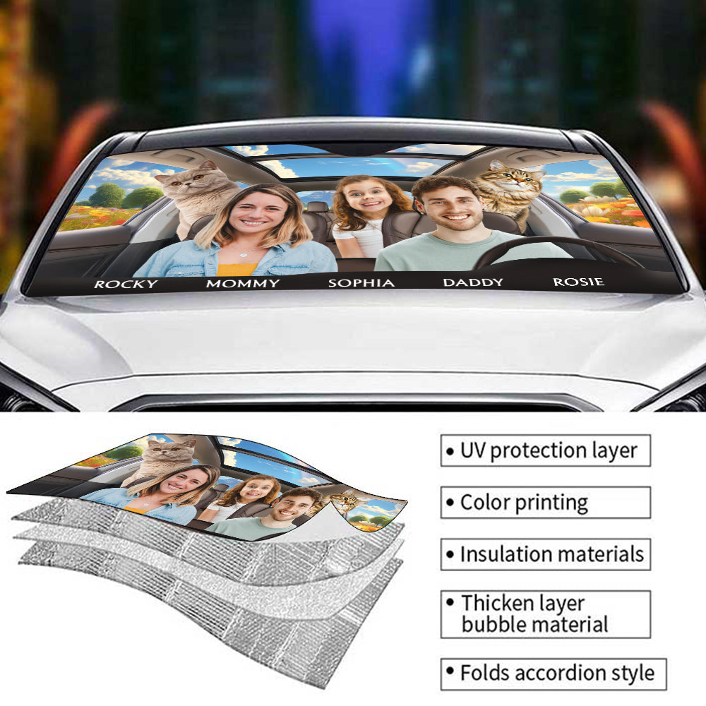 Custom Christmas Birthday Gifts Car Accessories for Cat Parents • Life Is Better With My Cat Family Photo - Personalized Car Sunshade