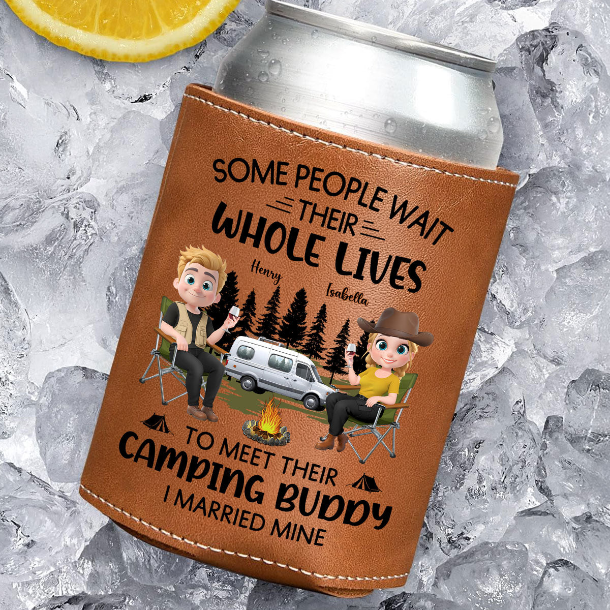 Sharing Every Campfire Night - Personalized Leather Can Cooler Holder