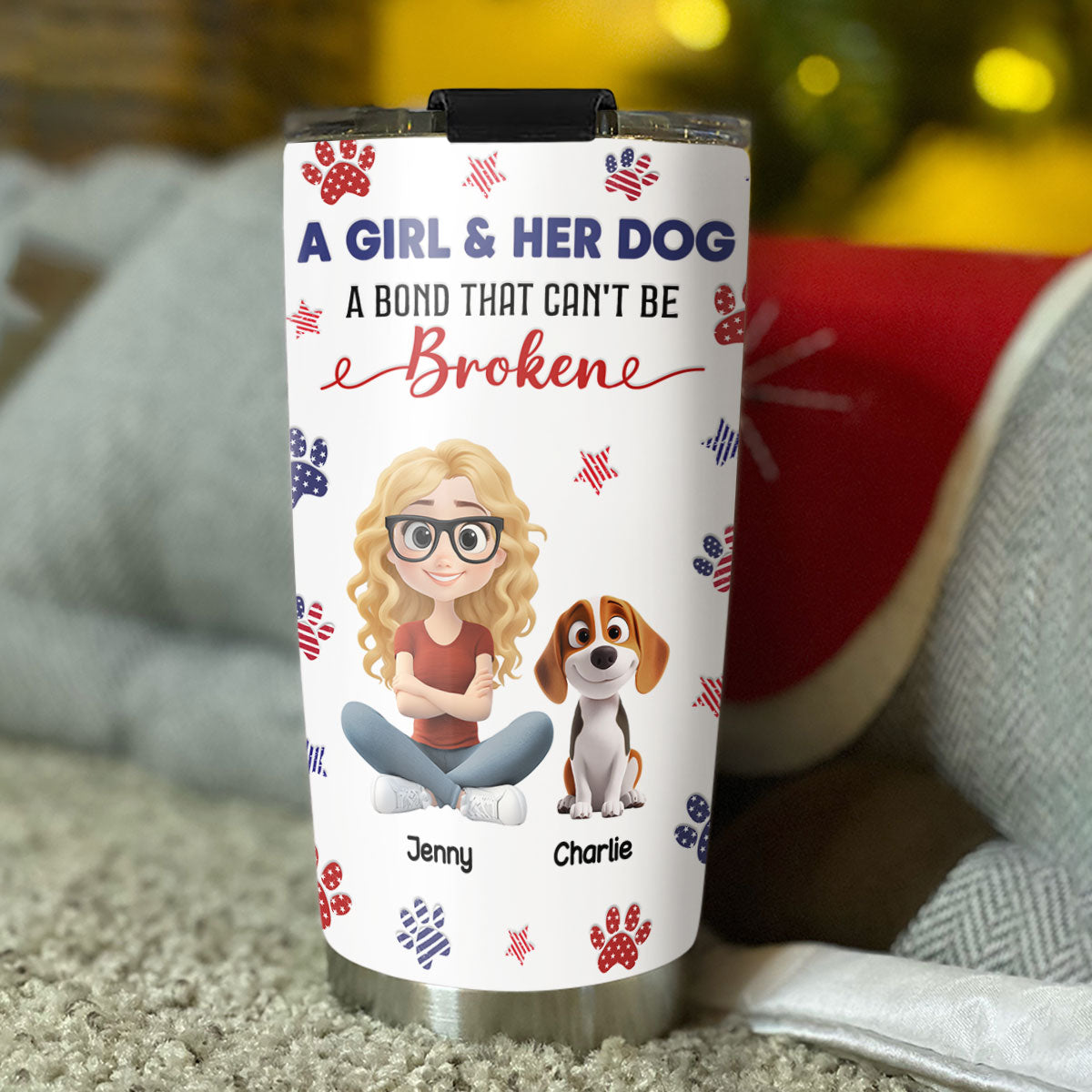 Custom Christmas Birthday Gifts For Dog Mom, Dog Lovers • American Girl And Her Dog - Personalized 3D Inflated Effect Tumbler
