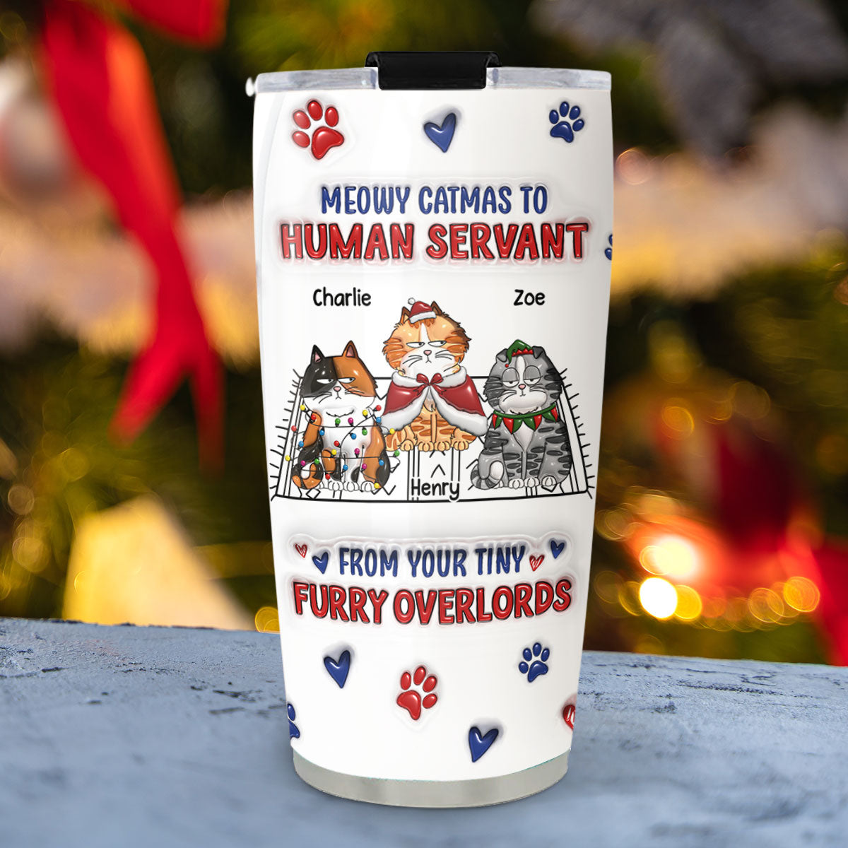 Custom Mother's day Birthday Gifts For Pet Mom, Pet Lovers • Meowy Catmas To Human Servant Ver 2 - Personalized 3D Inflated Effect Tumbler