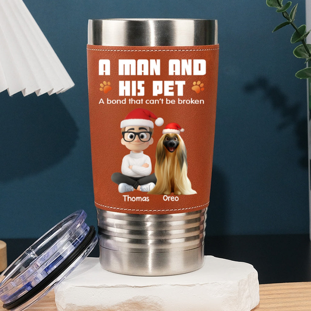 Custom Christmas Birthday Gifts For Pet Lovers • Human And Their Pet Cartoon Christmas - Personalized Leather Tumbler