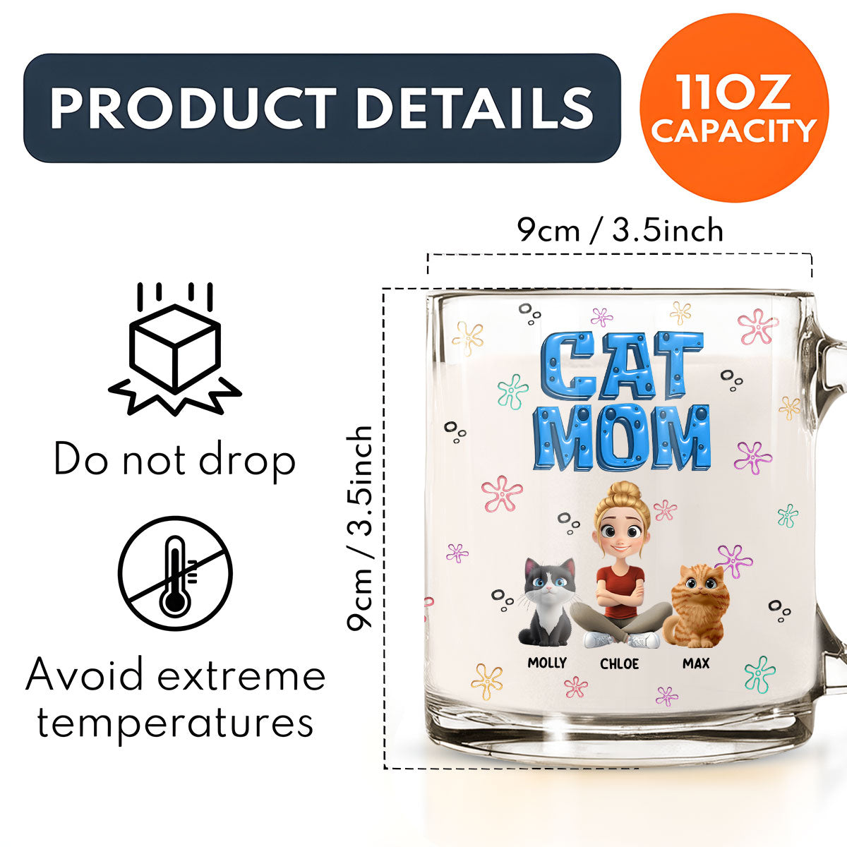 Custom Christmas Birthday Gifts For Cat Mom, Cat Lovers • Sponge Cat Mom - Personalized 3D Inflated Effect Glass Mug