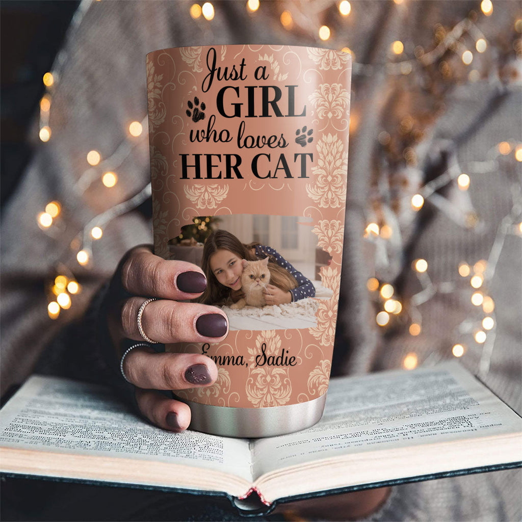 Custom Photo Christmas Birthday Gifts For Cat Mom, Cat Lovers • Pumskin Cat And Girl Photo - Personalized Tumbler