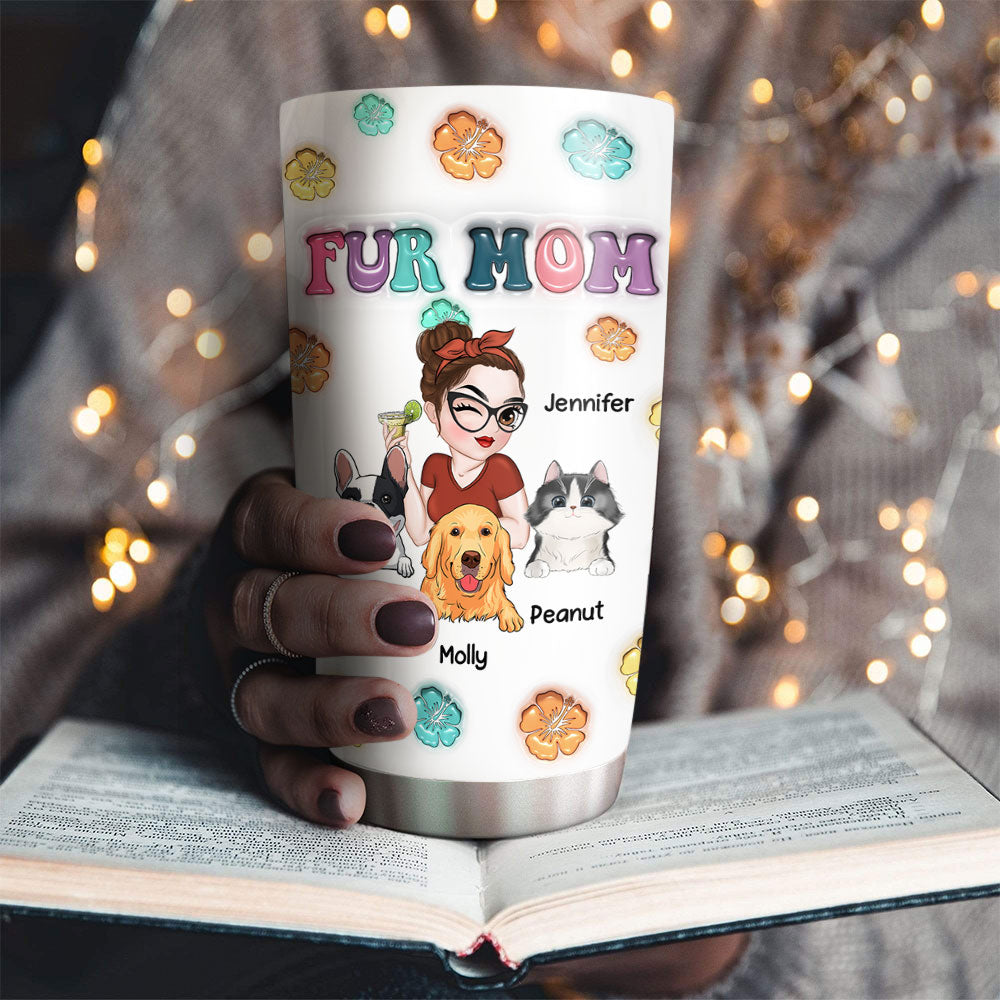 Custom Mother's day Birthday Gifts For Cat Mom, Cat Lovers • Fur Mom Summer - Personalized 3D Inflated Effect Tumbler