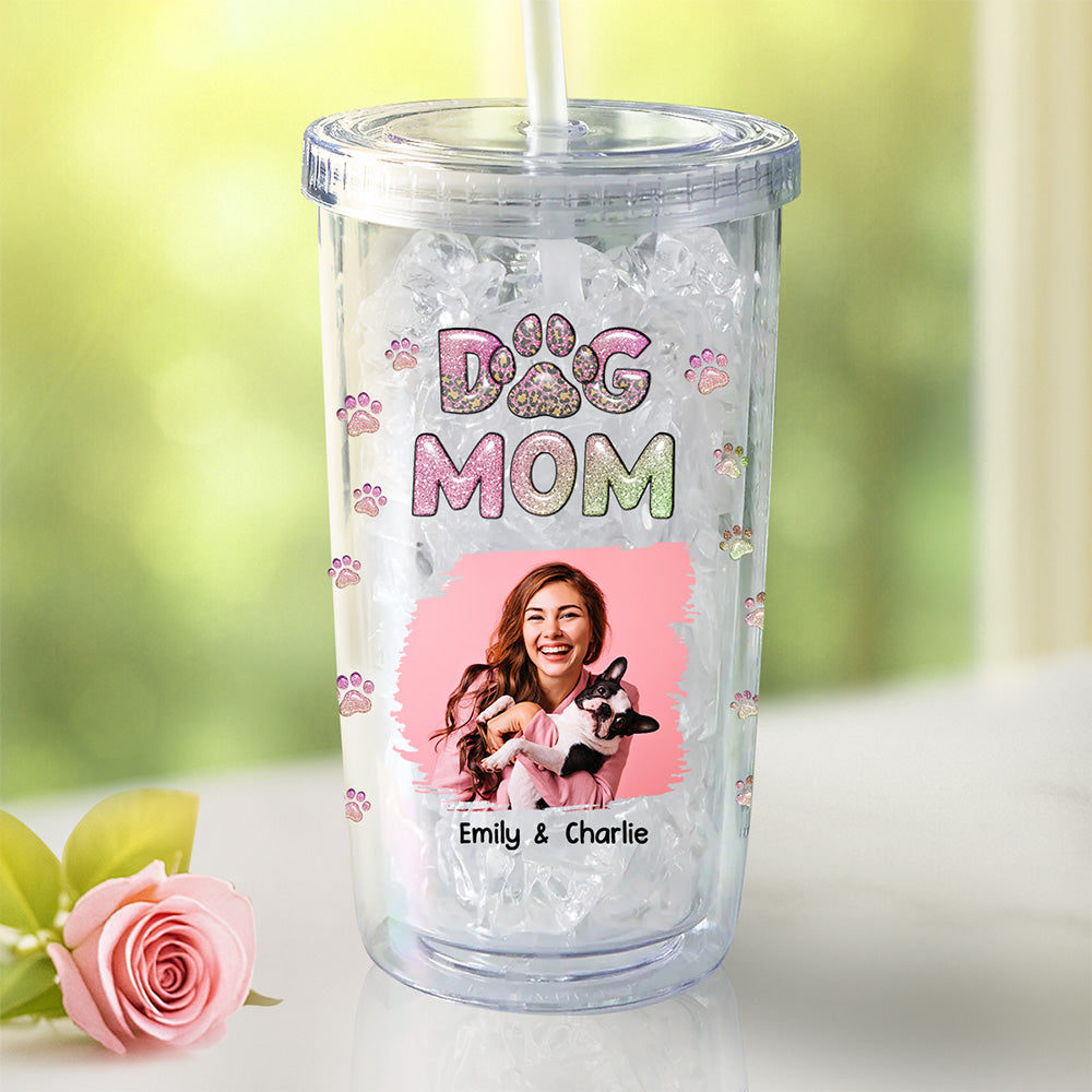 Custom Photo Christmas Birthday Gifts For Dog Mom, Dog Lovers • Dog Mom Lovely Chibi Photo - Personalized 14oz Plastic Tumbler