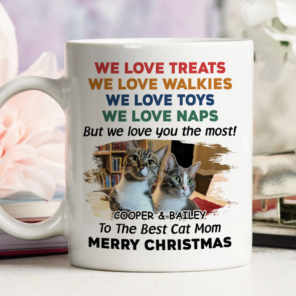 Custom Photo Christmas Birthday Gifts For Cat Lovers • Cats Love You Snow Ver Photo - Personalized Coffee Mug