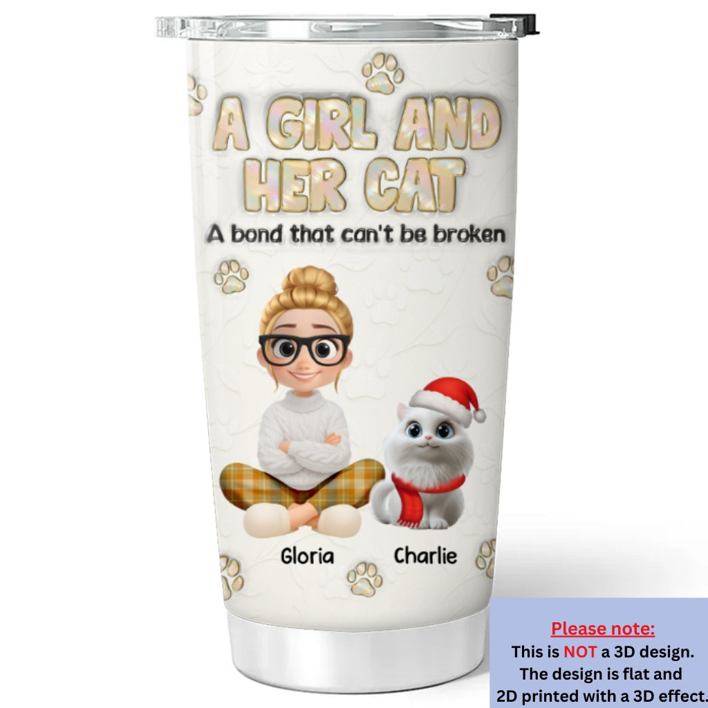 Custom Christmas Birthday Gifts For Pet Mom, Pet Lovers • A Girl And Her Cat Ver Pearl - Personalized 3D Inflated Effect Tumbler