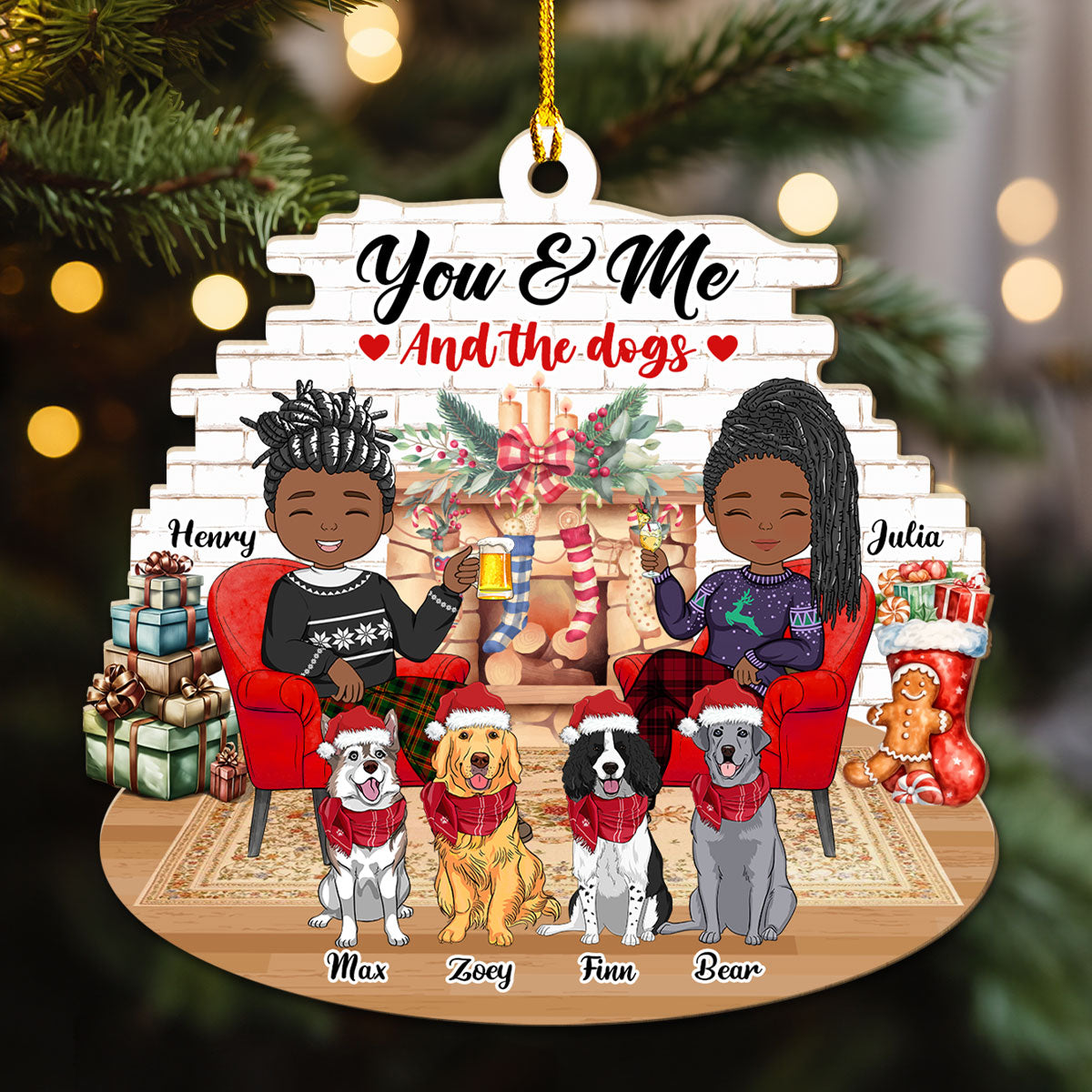 Couple And Dogs - Personalized Wood Ornament
