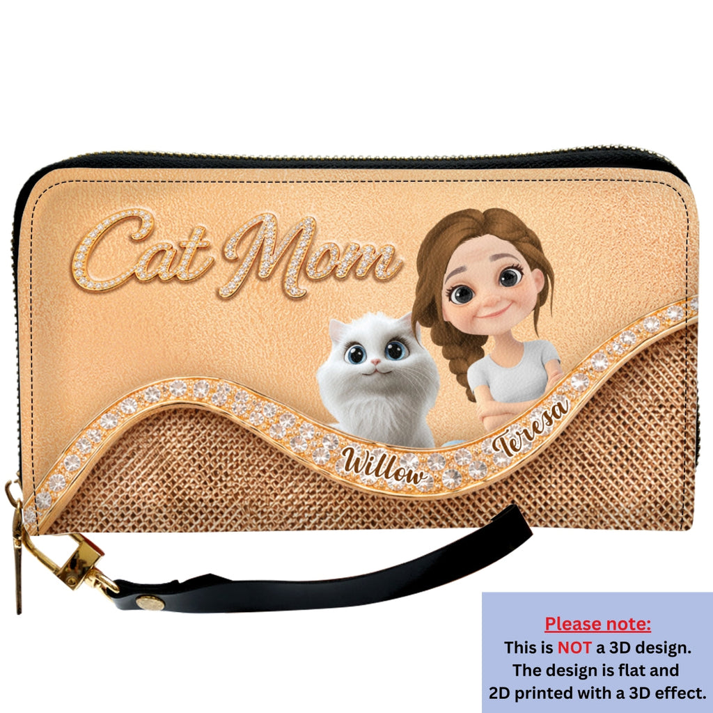 Gold Chibi Cat Mom - Personalized Leather Wallet