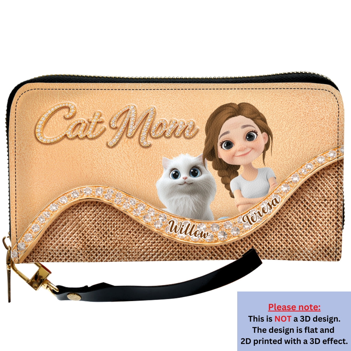 Gold Chibi Cat Mom - Personalized Leather Wallet