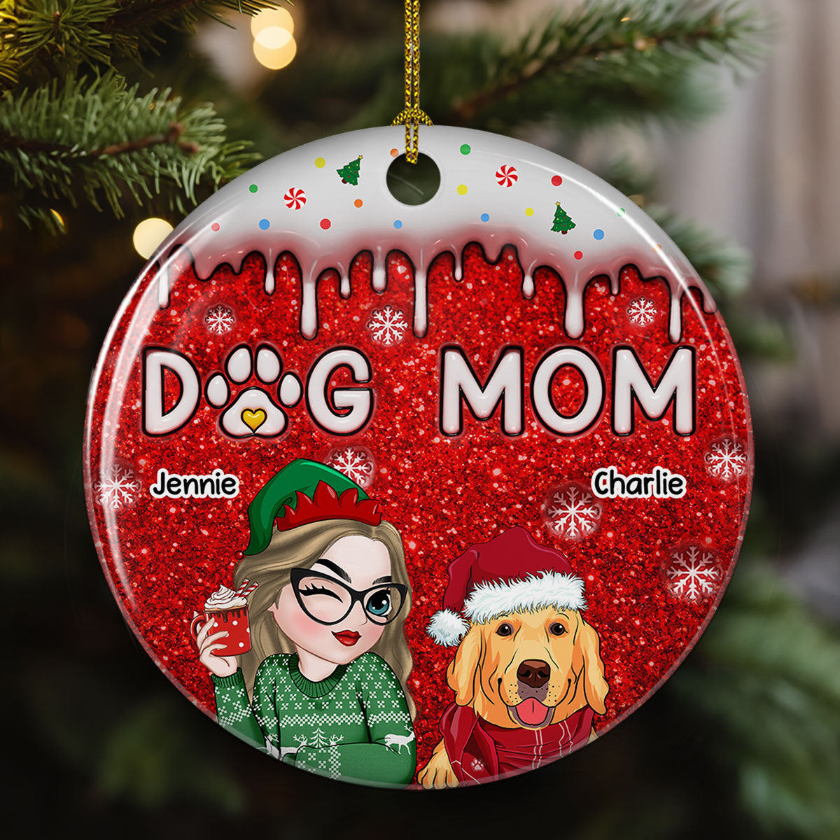 Christmas Dog Mom - Personalized 3D Inflated Effect Ceramic Ornament
