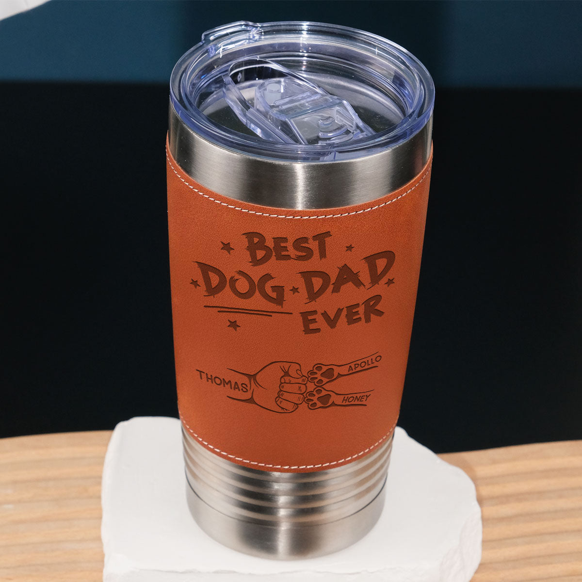 Custom Father's day Birthday Gifts For Dog Dad, Dog Lovers • Best Dog Dad Ever - Personalized Engraved Leather Tumbler