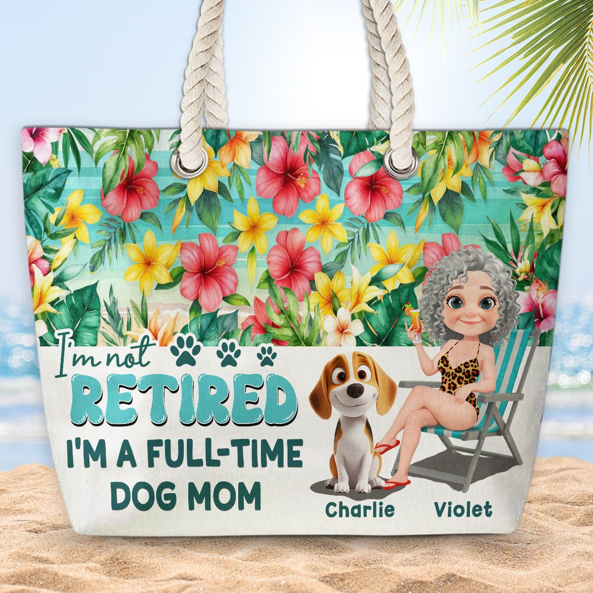 Full Time Dog Mom At The Beach - Personalized Beach Bag