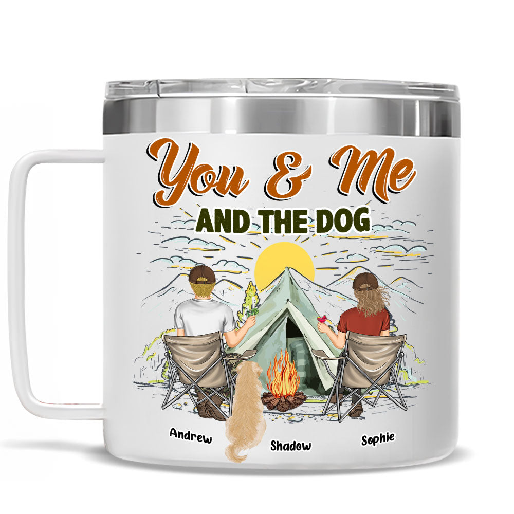 Custom Mother's day Birthday Gifts For Pet Mom, Pet Lovers • You And Me And Our Lovely Dogs - Personalized 14oz Stainless Steel Tumbler With Handle