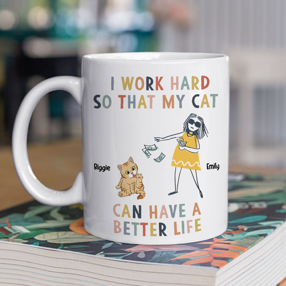 Custom Mother's day Birthday Gifts For Cat Mom, Cat Lovers • I Work Hard Because Of My Cat - Personalized Coffee Mug