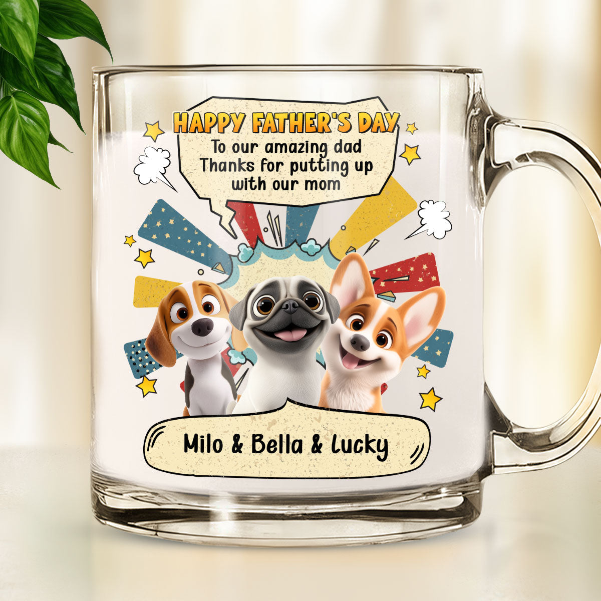 Custom Father's day Birthday Gifts For Dog Dad, Dog Lovers • Thanks For Putting Up With Us Dad - Personalized Glass Mug