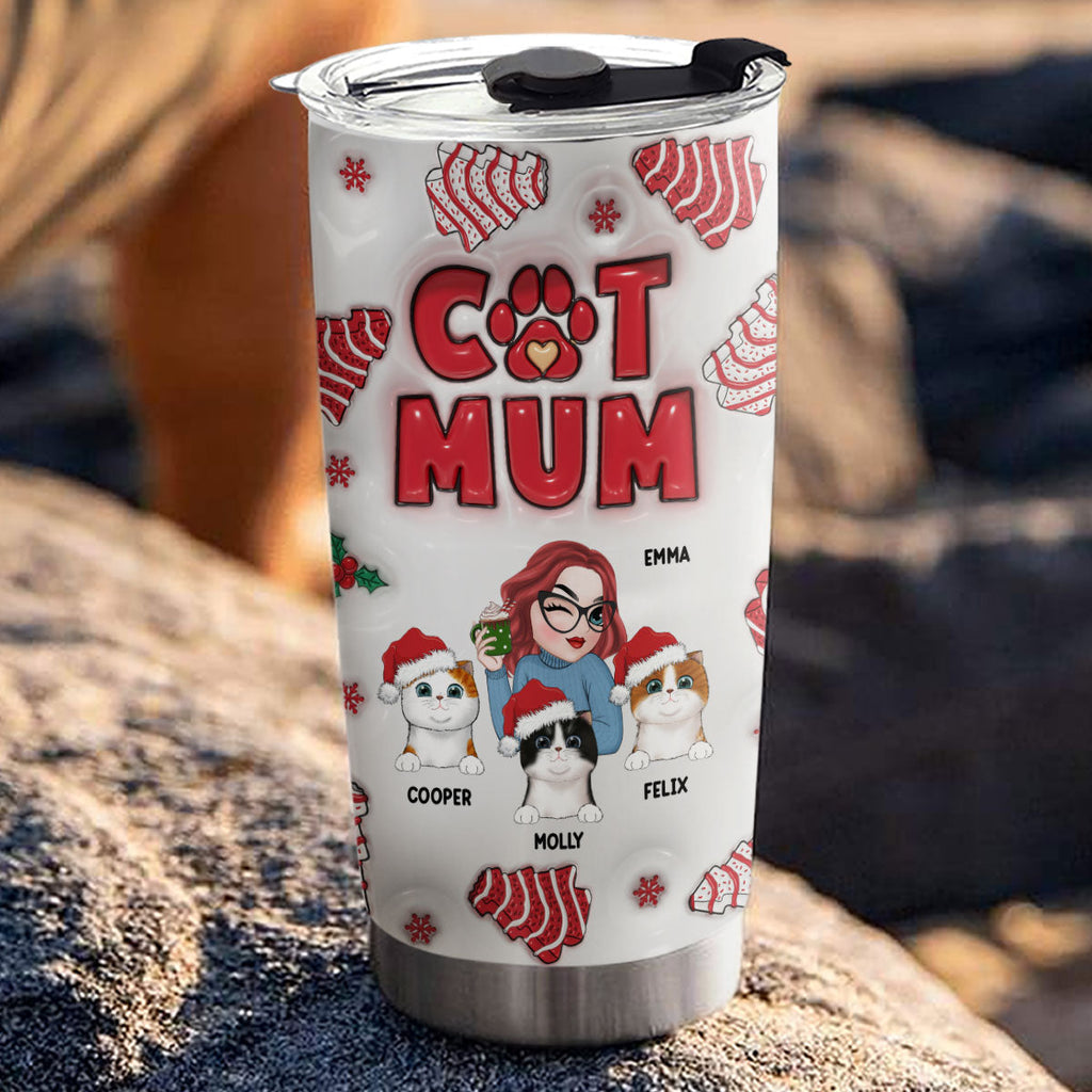 Custom Christmas Birthday Gifts For Pet Lovers • Cat Mom Christmas Cake - Personalized 3D Inflated Effect Tumbler