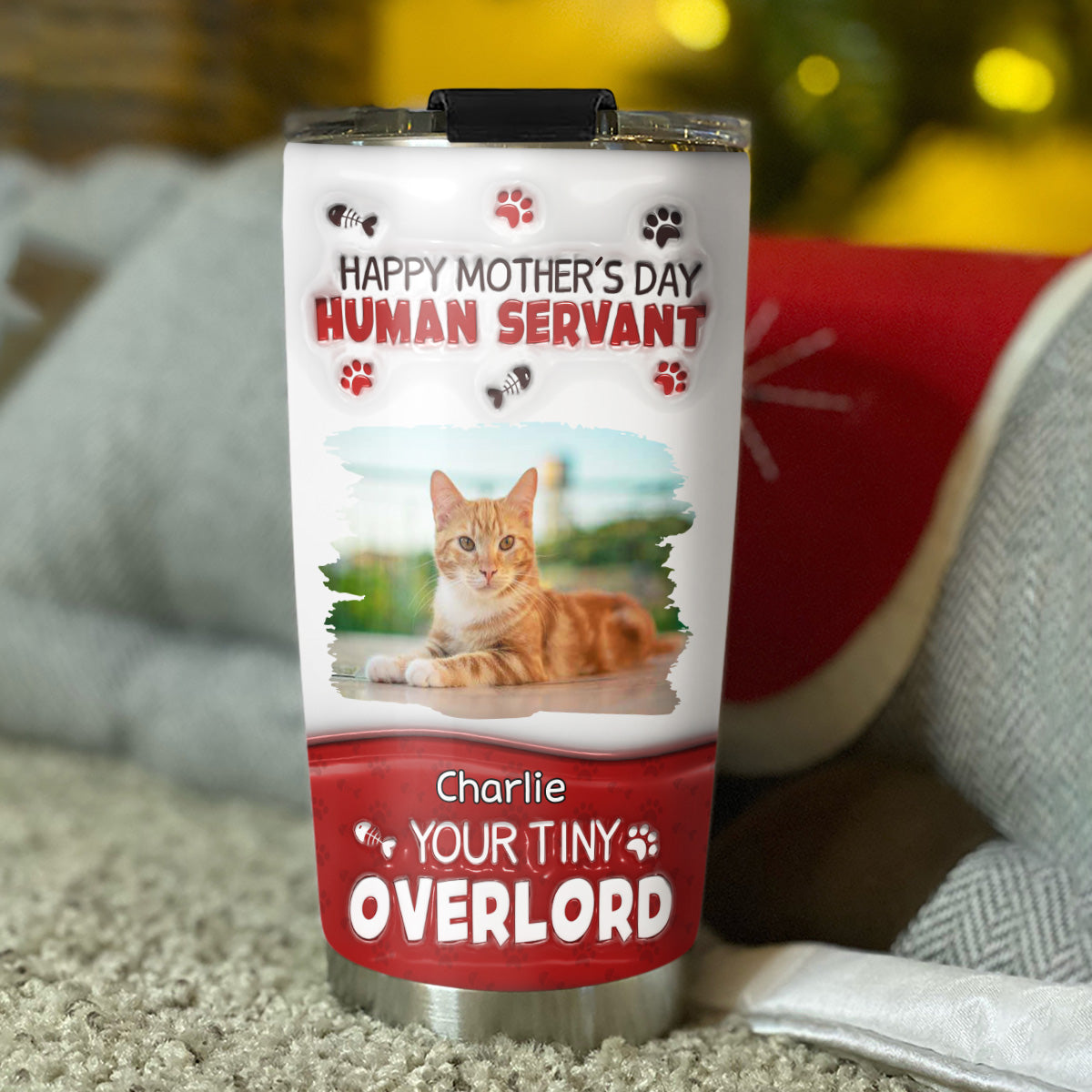 Custom Photo Christmas Birthday Gifts For Cat Lovers • Happy Human Servant Day Photo - Personalized 3D Inflated Effect Tumbler