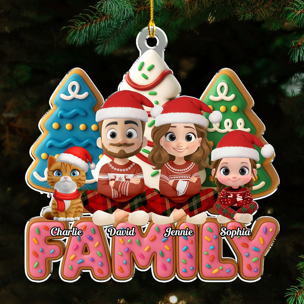 Custom Christmas Decor Home Birthday Gifts For Pet Lovers • Sweet Family With Cat - Personalized Acrylic Ornament