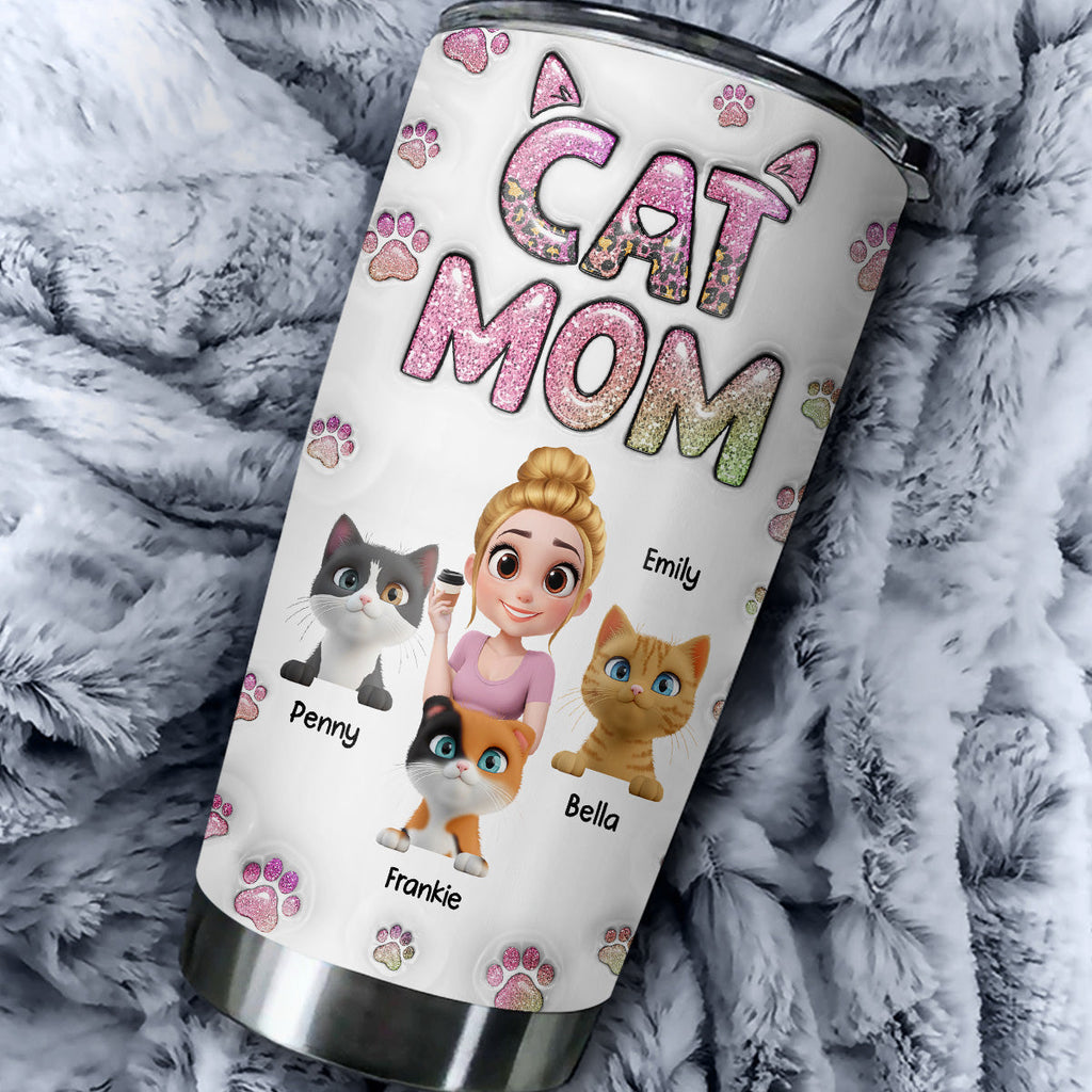 Custom Christmas Birthday Gifts For Cat Mom, Cat Lovers • Cat Mom Lovely Chibi Version 2 - Personalized 3D Inflated Effect Tumbler