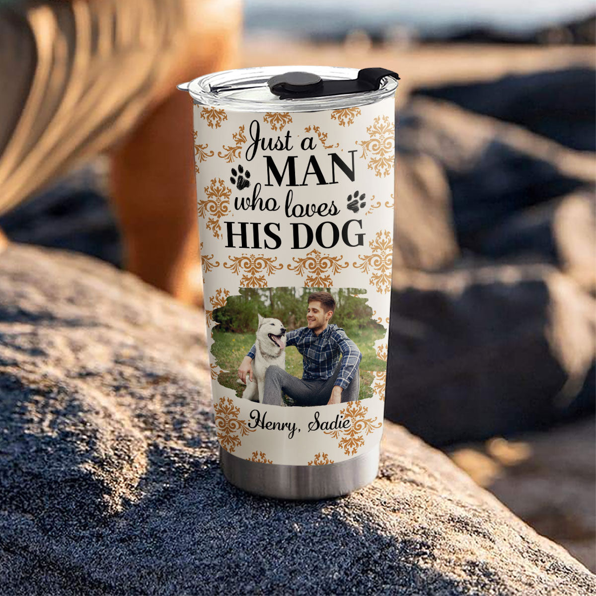 Custom Photo Christmas Birthday Gifts For Dog Dad, Dog Lovers • Pumskin Dog Autumn Ver Man Photo - Personalized Tumbler