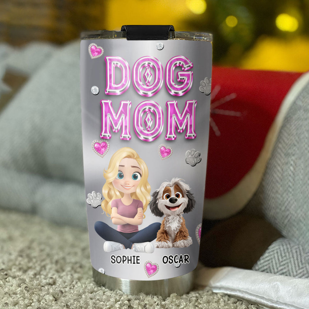 Custom Christmas Birthday Gifts For Dog Mom, Dog Lovers • Glitter Cute Cartoon Dog Mom - Personalized Tumbler