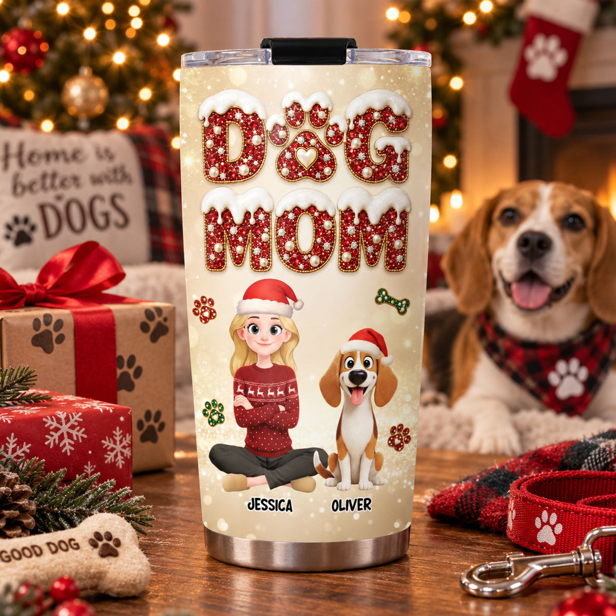Custom Christmas Birthday Gifts For Dog Mom, Dog Lovers • Happiest Dog Mom Ever - Personalized 3D Effect Tumbler