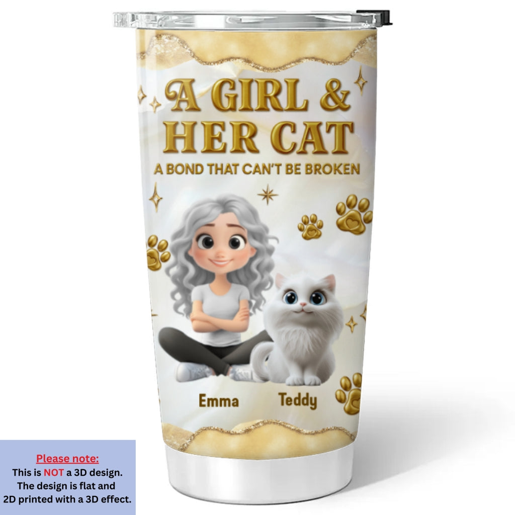 Custom Christmas Birthday Gifts For Cat Mom, Cat Lovers • Girl And Cat Yellow - Personalized 3D Effect Tumbler