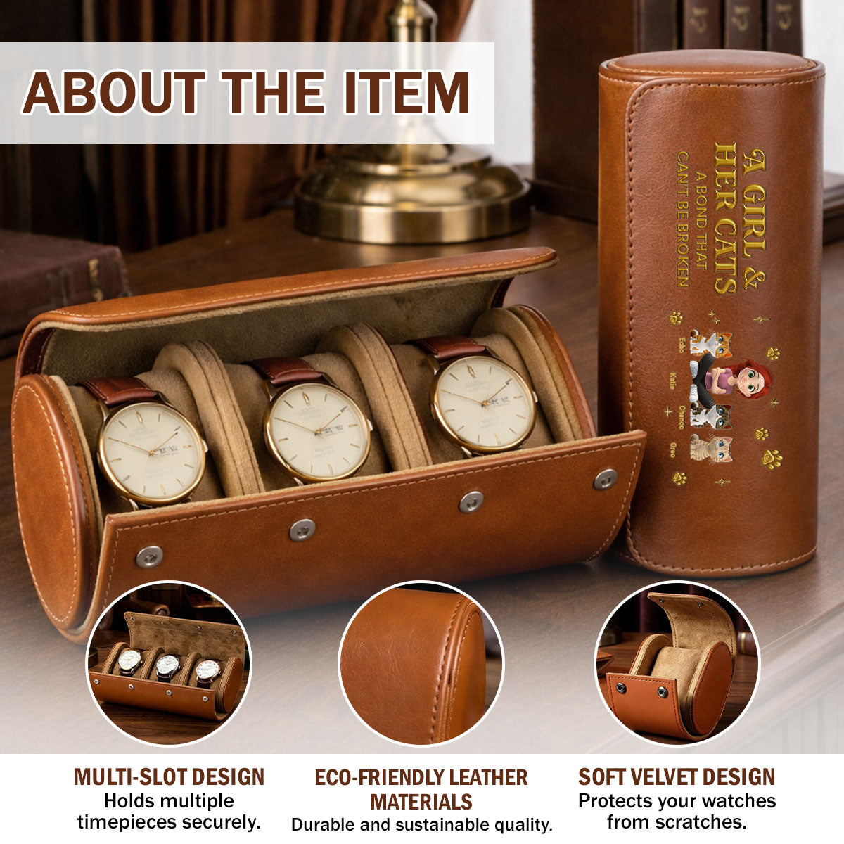 A Girl And Her Cat - Personalized Leather Watch Case