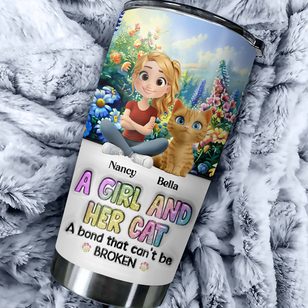 Custom Christmas Birthday Gifts For Cat Mom, Cat Lovers • A Girl And Her Lovely Cat - Personalized 3D Inflated Effect Tumbler