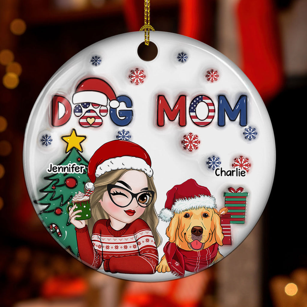 Custom Christmas Decor Home Birthday Gifts For Dog Mom, Dog Lovers • American Dog Mom Christmas - Personalized 3D Inflated Effect Ceramic Ornament