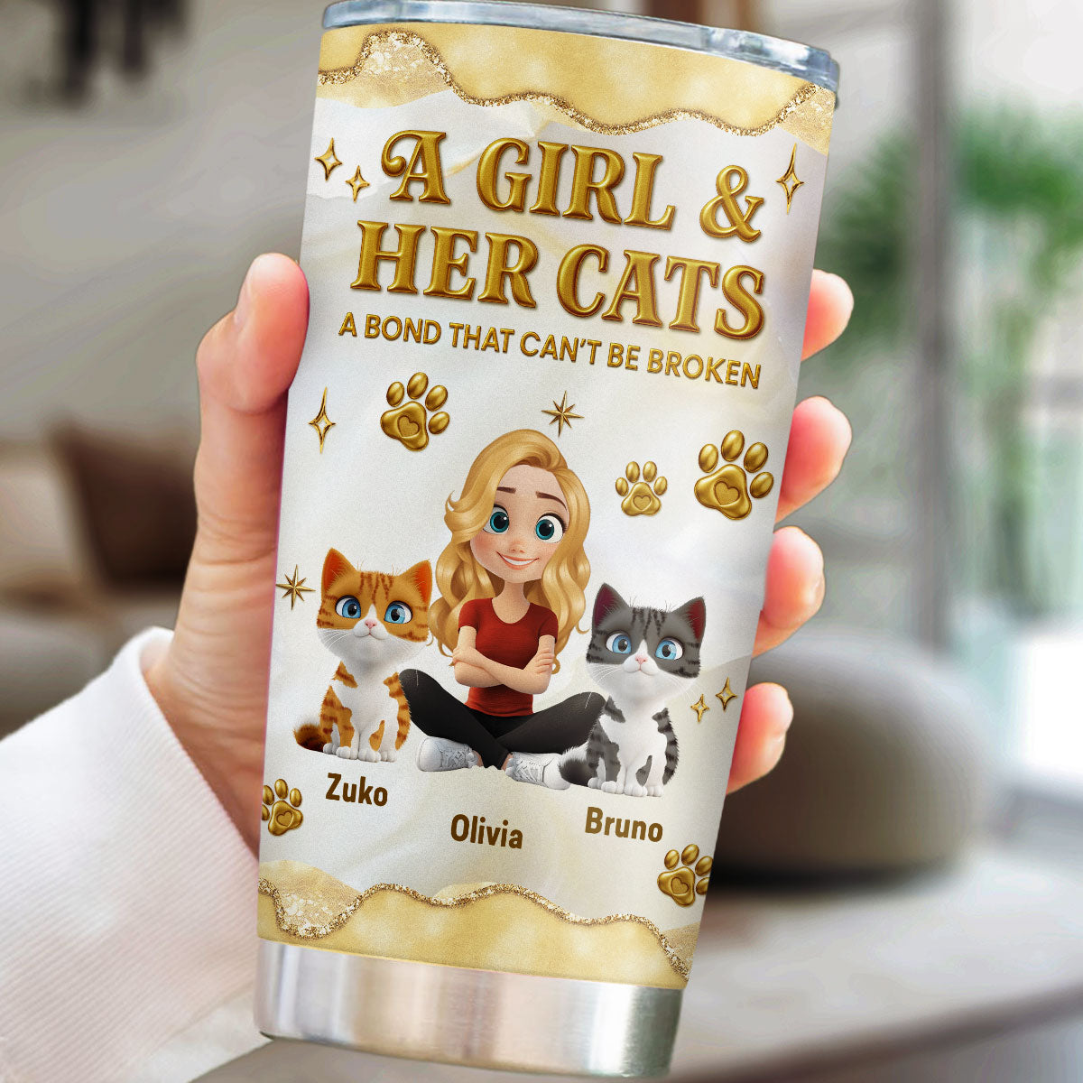 Custom Christmas Birthday Gifts For Cat Mom, Cat Lovers • Girl And Cat Yellow - Personalized 3D Effect Tumbler