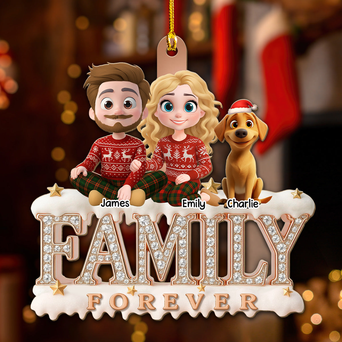 Custom Christmas Family Dog Dad And Mom • Forever Blessed With This Family - Personalized 3D Effect Wood Ornament