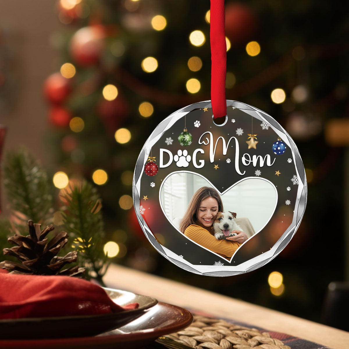 Custom Christmas Decor Home Birthday Gifts For Dog Mom, Dog Lovers • Dog Mom Photo - Personalized Glass Ornament