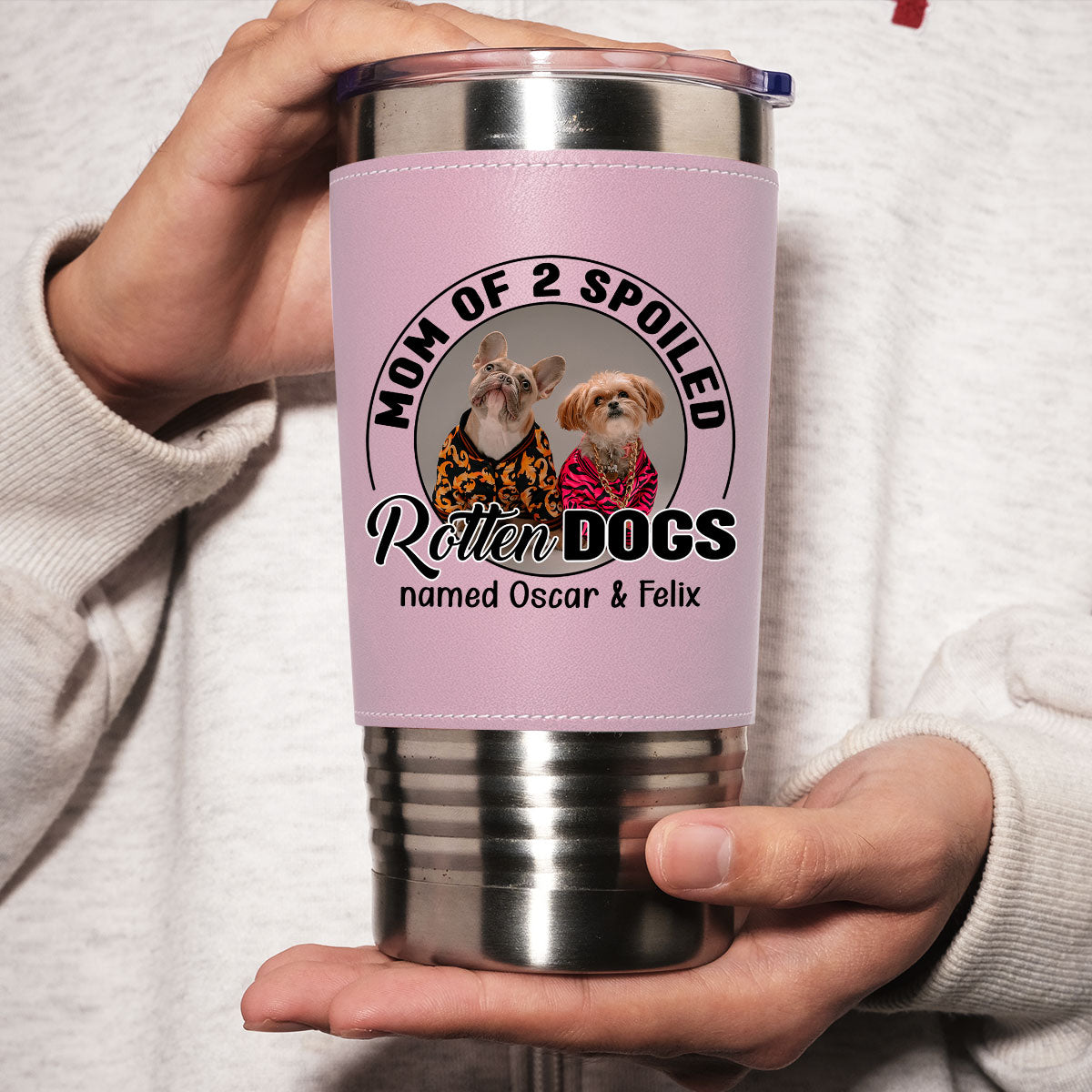 Mom Of A Spoiled Rotten Dog Photo - Personalized Pink Leather Tumbler
