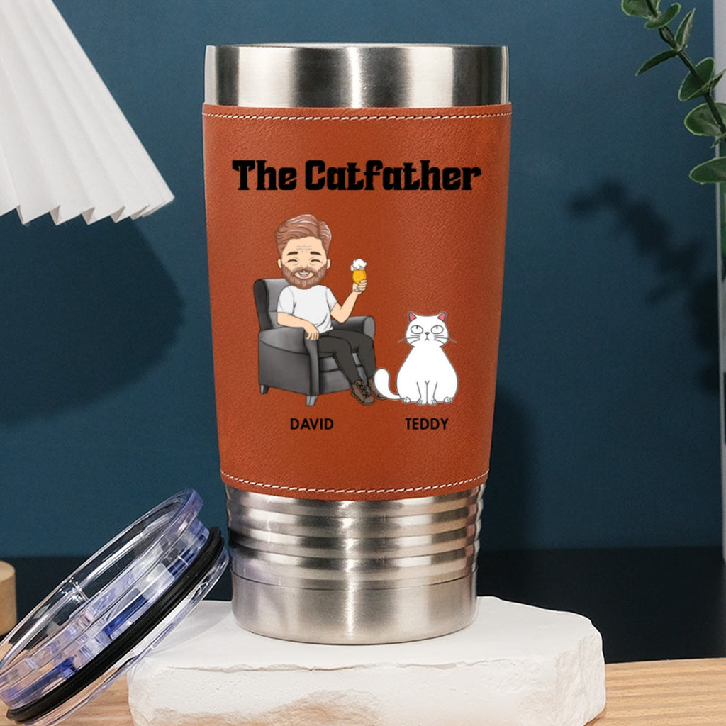 Custom Father's day Birthday Gifts For Dog Dad, Dog Lovers • The Catfather - Personalized Leather Tumbler