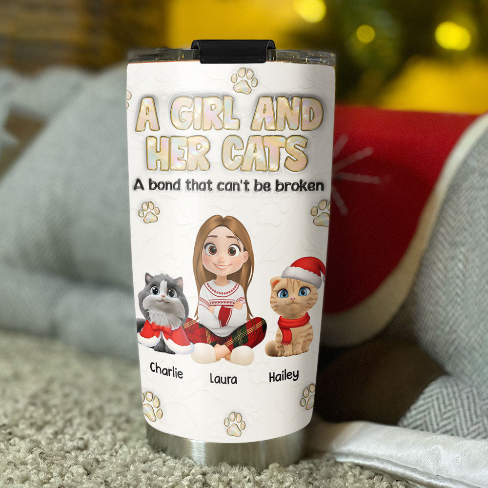 Custom Christmas Birthday Gifts For Pet Mom, Pet Lovers • A Girl And Her Cat Ver Pearl - Personalized 3D Inflated Effect Tumbler