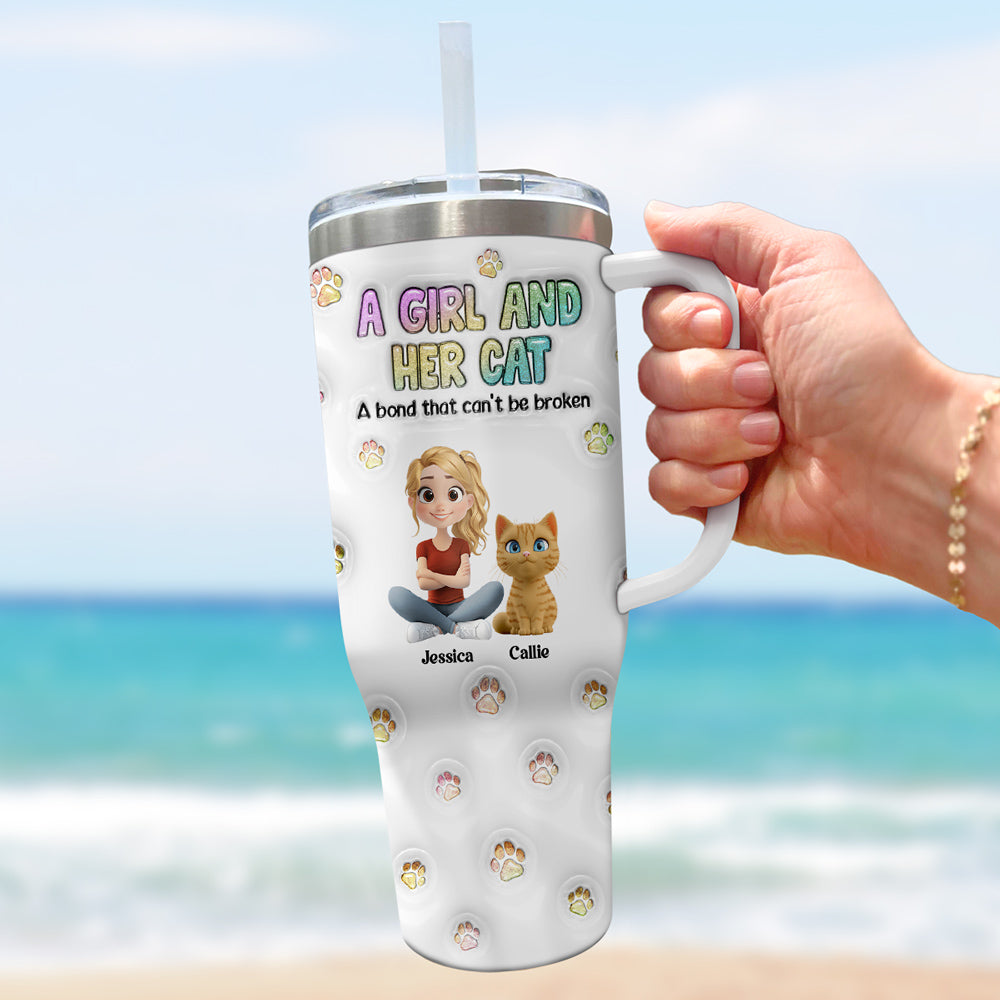 Custom Christmas Birthday Gifts For Cat Mom, Cat Lovers • A Girl And Her Cat - Personalized 3D Inflated Effect Printed 40 Oz Tumbler
