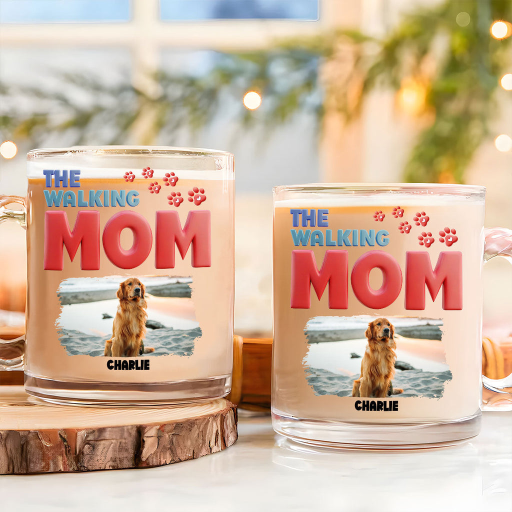 Custom Photo Mother's day Birthday Gifts For Dog Mom, Dog Lovers • Lovely Walking Mom Cartoon Photo - Personalized Glass Mug