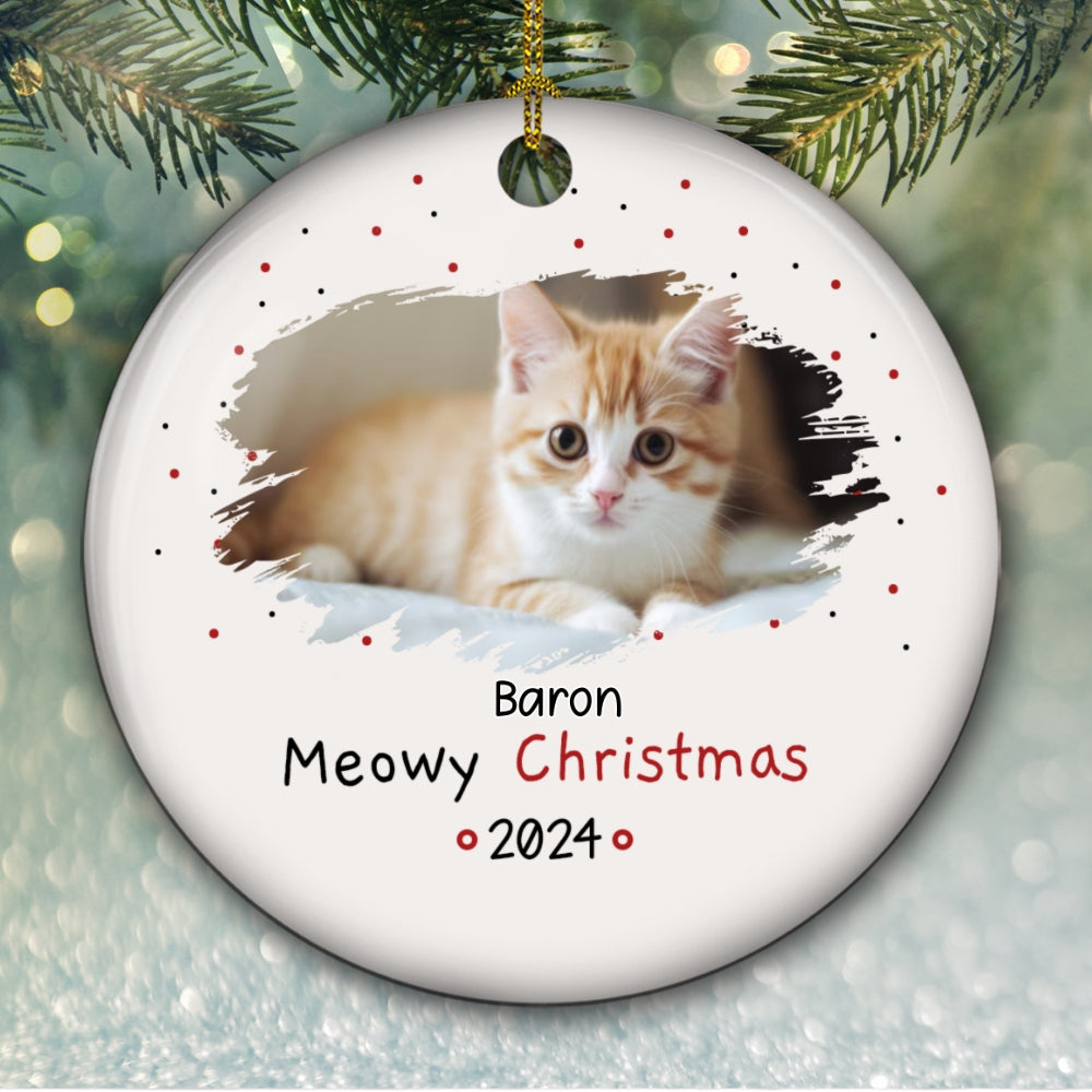 Meowy Christmas Photo - Personalized Circle Ceramic Ornament