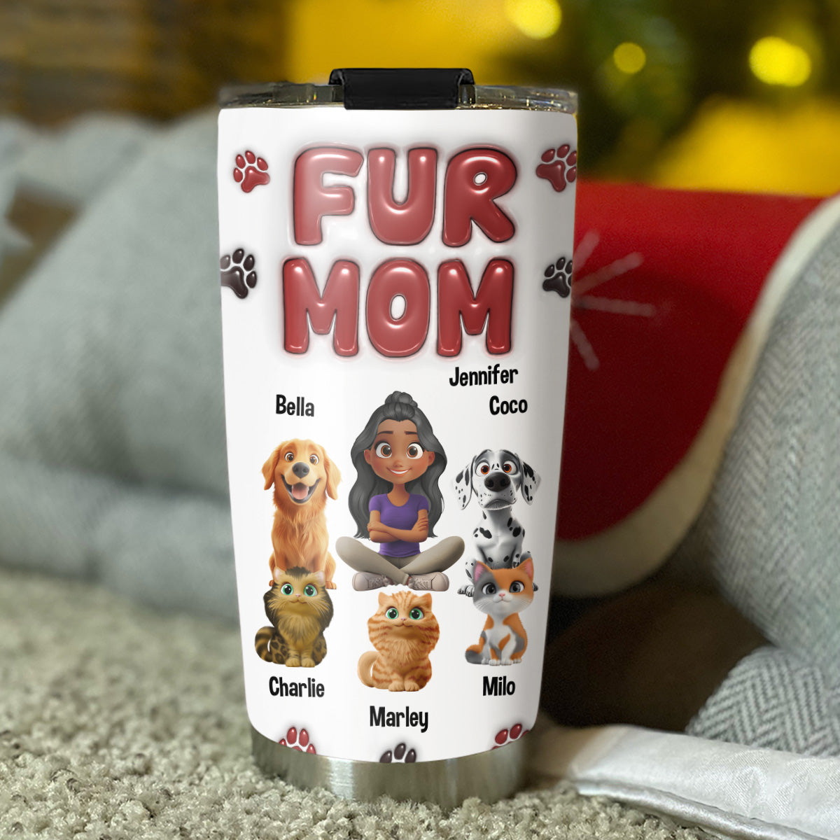 Custom Mother's day Birthday Gifts For Cat Mom, Cat Lovers • Lovely Fur Mama - Personalized 3D Inflated Effect Tumbler