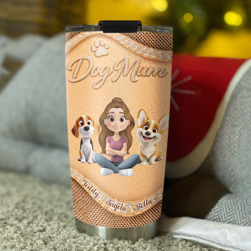 Custom Christmas Birthday Gifts For Dog Mom, Dog Lovers • Gold Chibi Dog Mom - Personalized 3D Effect Tumbler