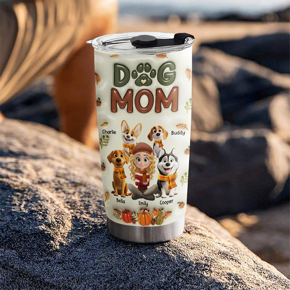 Custom Christmas Birthday Gifts For Dog Lovers • Dog Mom Cartoon Autumn Version - Personalized 3D Inflated Effect Tumbler