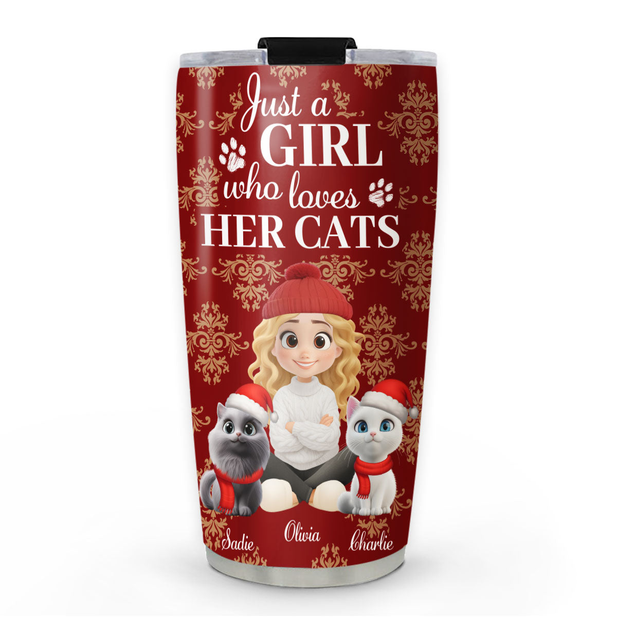 Custom Christmas Birthday Gifts For Cat Mom, Cat Lovers • Toile Cat Cartoon Christmas - Personalized Tumbler
