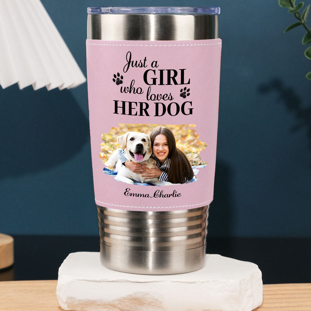 Custom Photo Christmas Birthday Gifts For Dog Mom, Dog Lovers • Pumskin Dog Autumn Photo - Personalized Pink Leather Tumbler