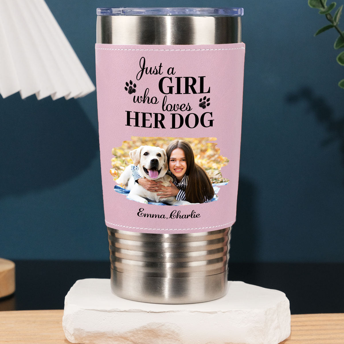 Custom Photo Christmas Birthday Gifts For Dog Mom, Dog Lovers • Pumskin Dog Autumn Photo - Personalized Pink Leather Tumbler