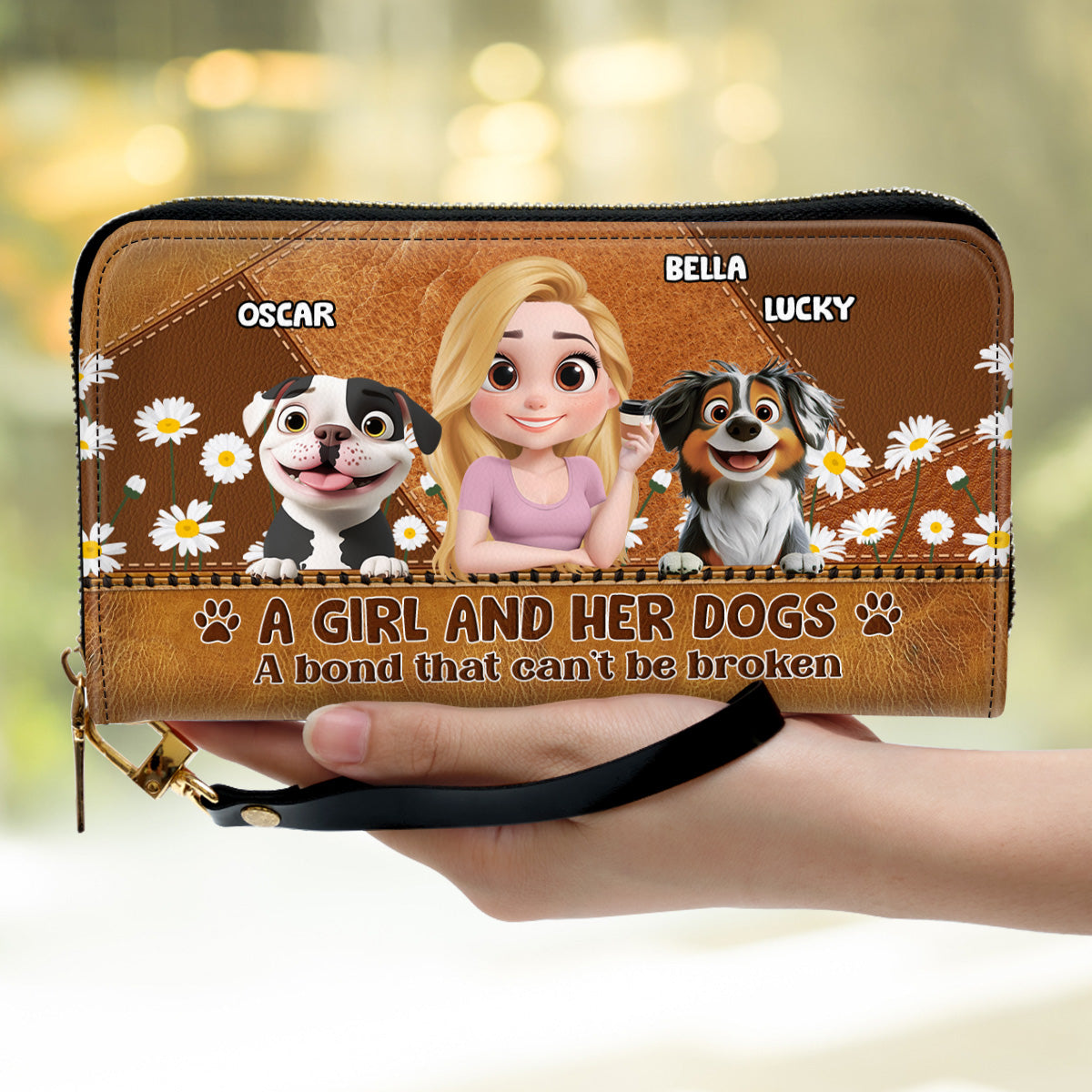 A Girl And Her Dogs Cartoon - Personalized Leather Wallet