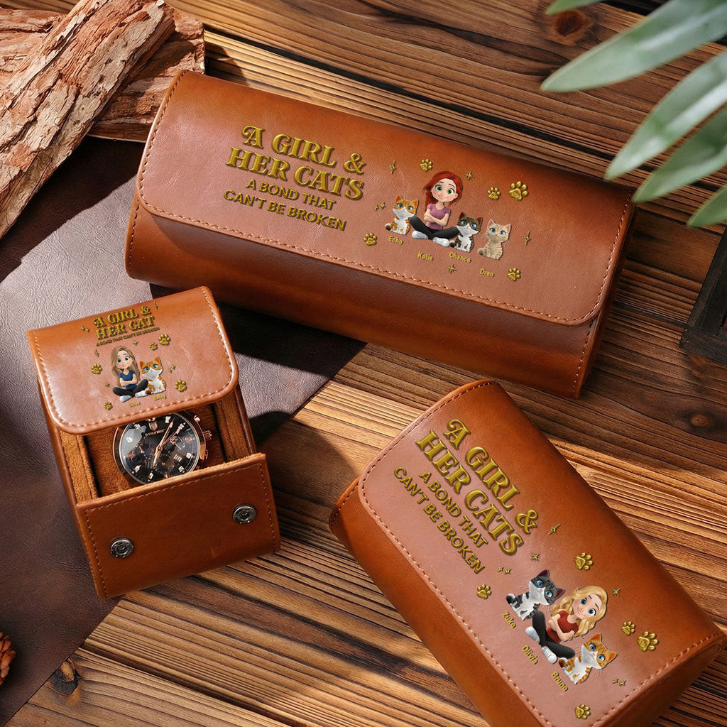 A Girl And Her Cat - Personalized Leather Watch Case