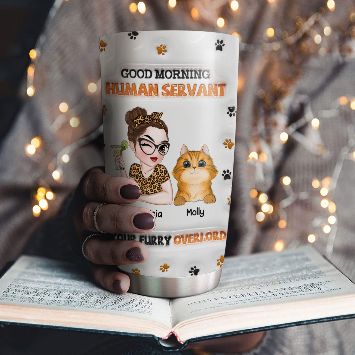 Custom Christmas Birthday Gifts For Cat Lovers • Good Morning Human Servant - Personalized 3D Inflated Effect Tumbler